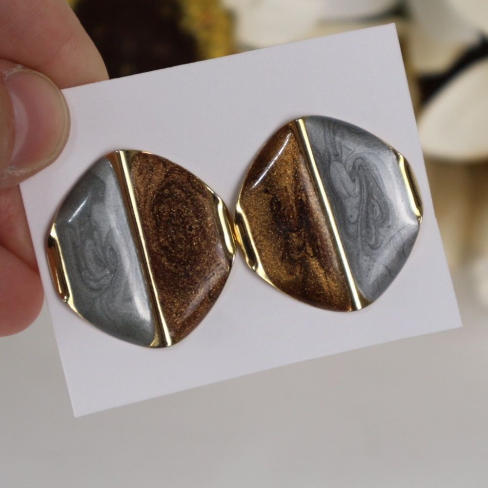 Retro-Vintage Color-Block Enamel Gold, Silver, and Brown Statement Stud Earrings